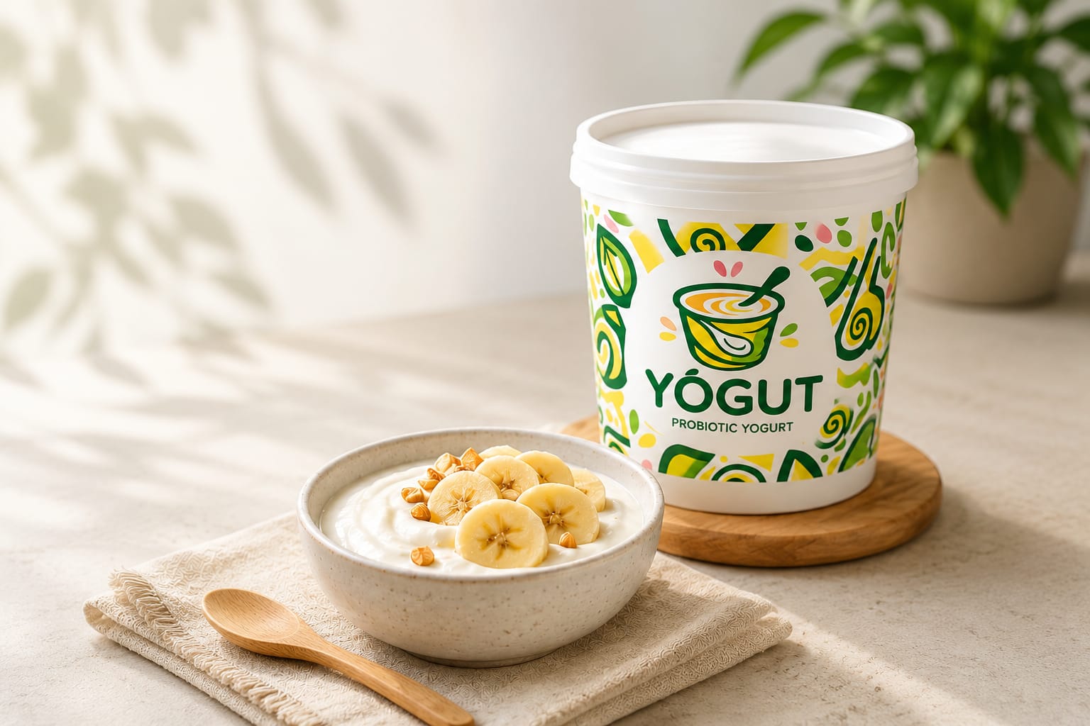 A tub of YoGut! probiotic yogurt with its illustrated label